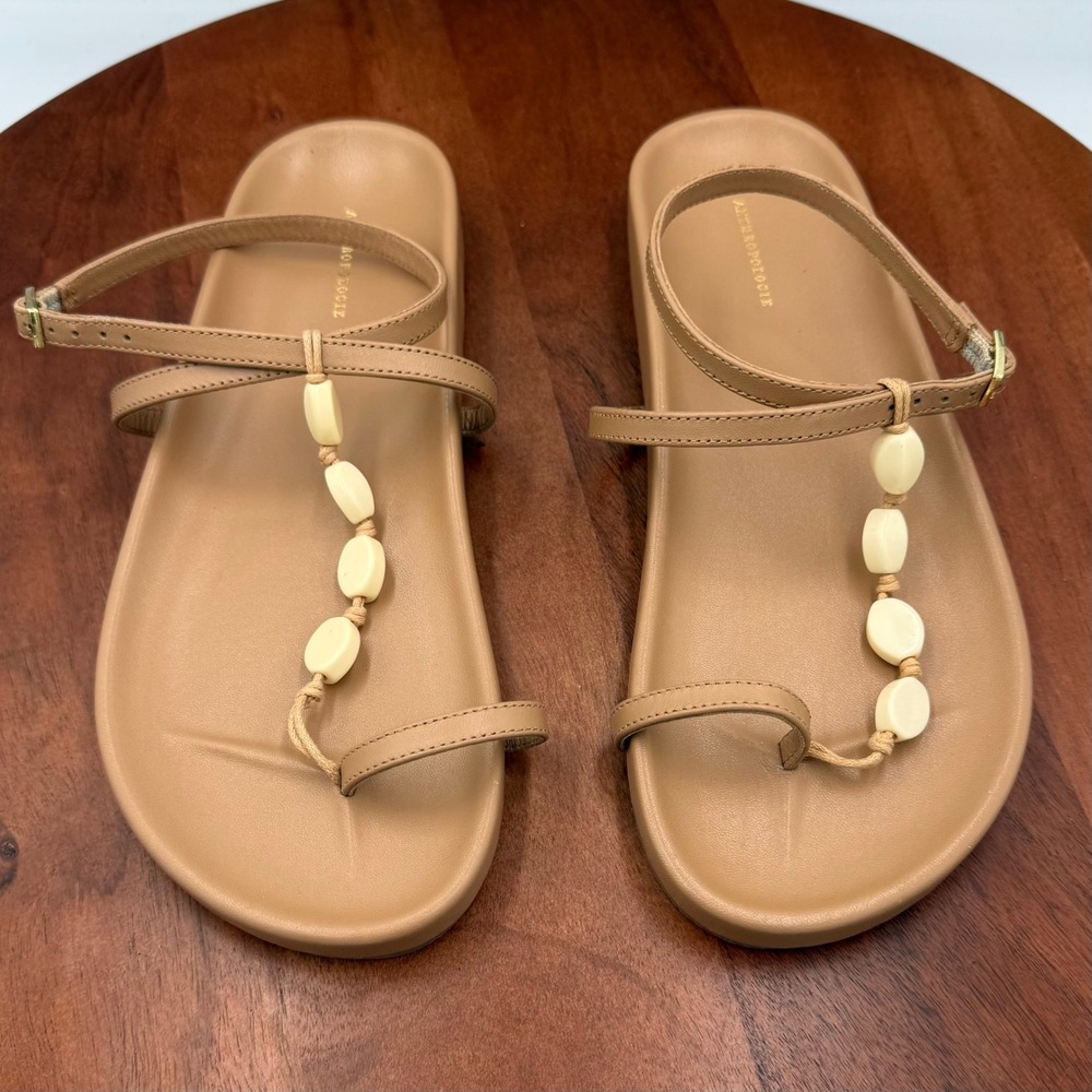 Anthropologie Toe Loop Shell Sandals Tan Leather Ankle Strap Thongs Coastal W 7
